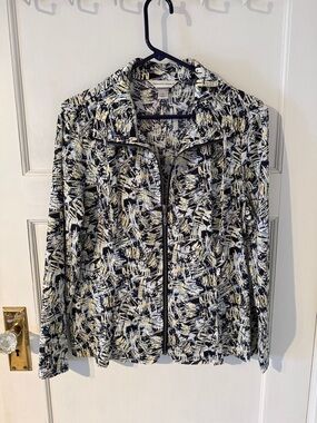 Abstract Print Zip-Front Jacket - Black & White with Cream Accents